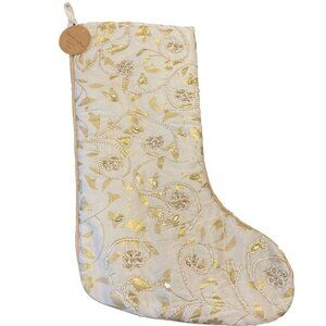 Christmas Stocking Gold Embroidered Floral‎ Handcrafted India NEW 18 Inch